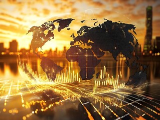 Poster - Global Digital Network with Data Visualization and World Map Over Sunset Skyline Creating a Futuristic Technology Concept for Business and Connectivity