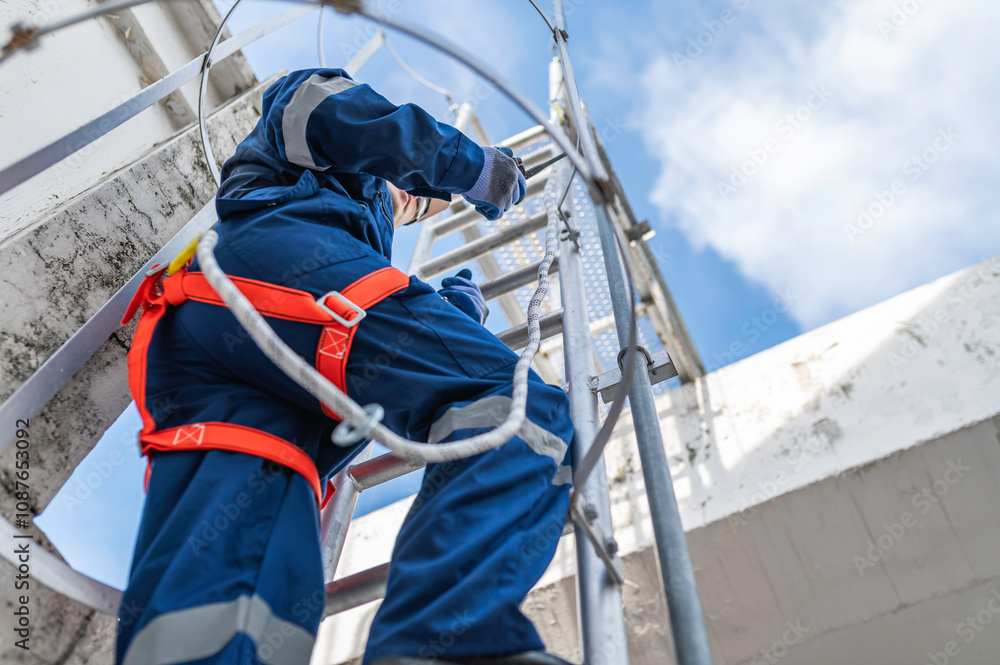 Engineer in Full Safety Gear Climbing a Ladder to Inspect Communication ...