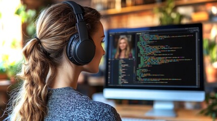 A woman wearing a headset works on programming with coding displayed on a computer screen