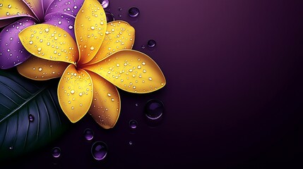 Aufkleber - Vibrant Yellow and Purple Plumeria Flowers with Dewdrops on Dark Background : Generative AI