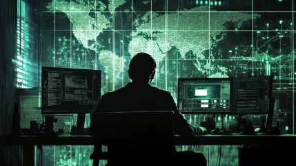 Government agency monitoring dark web activity, with encrypted communication networks and illegal transactions being traced in real-time