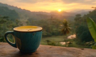 Poster - A serene view of a cup of coffee against a sunset landscape.