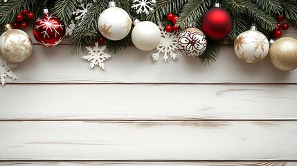 Aufkleber - Rustic Christmas Layout with Red and White Ornaments and Greenery on White Wood : Generative AI