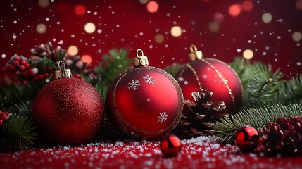 Aufkleber - Vibrant Red Christmas Ornaments with Pine Cones and Festive Decorations : Generative AI