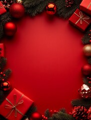 Poster - Festive Red Christmas Theme with Gifts Ornaments and Evergreen Branches Decoration : Generative AI
