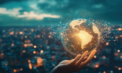 Aufkleber - A hand holds a glowing globe, symbolizing global connection and technology.