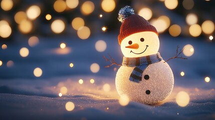 Aufkleber - Adorable Snowman Character Illuminated by Magical Warm Festive Holiday Lights : Generative AI
