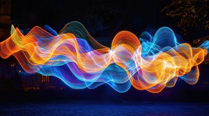 Wall Mural - Vibrant Light Painting Waves Night Photography, Abstract Art, Blue Orange Hues