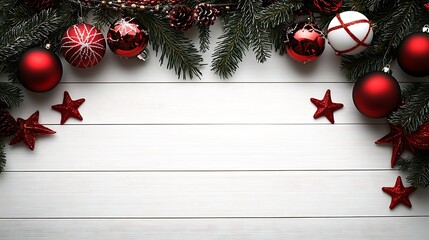 Aufkleber - Traditional Christmas Setting With Red and White Baubles and Pine Accents on Wooden Surface : Generative AI