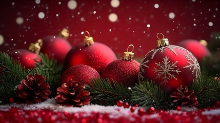 Aufkleber - Radiant Red Christmas Balls Surrounded by Pine Cones and Glowing Decorations : Generative AI