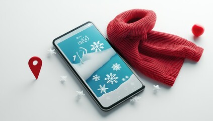 Poster - A smartphone displaying a winter-themed interface beside a red scarf and decorative elements.