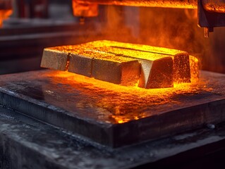 Fototapete - A Glowing Scene of Molten Metal Being Forged into Golden Ingots with Bright Sparks Flying in an Industrial Workshop Featuring High-quality Craftsmanship and Precision