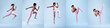 © Prostock-studio - A dancer black lady in pink activewear performs a sequence of energetic moves against a light blue background. The motion highlights agility and skill, emphasizing the grace of each jump.