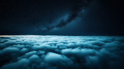 Wall Mural - aerial view of cloudscape under a starry night sky with visible milky way galaxy, creating a serene 