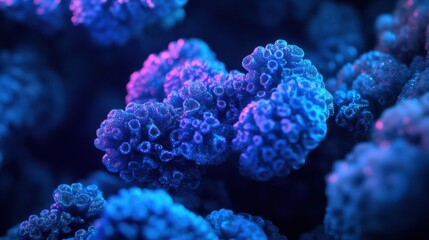 Wall Mural - Microscopic Blue Coral Reef, Neon Glow, Deep Ocean, Abstract, Glittering, Vibrant, Textured, Biolumi