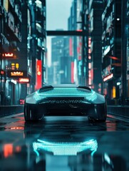 Leinwandbilder - The self-driving vehicle maneuvers through a bustling city filled with neon lights and reflective surfaces while utilizing AI systems. Generative AI
