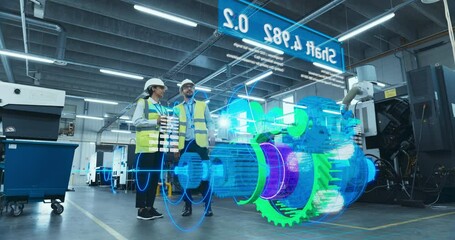 Poster - Engineers Use Augmented Reality to Visualize 3D Engine Turbine Concept in Factory Setting. Holographic Display Shows VFX Mechanical Components, Design and Analysis Processes for Industrial Innovation.
