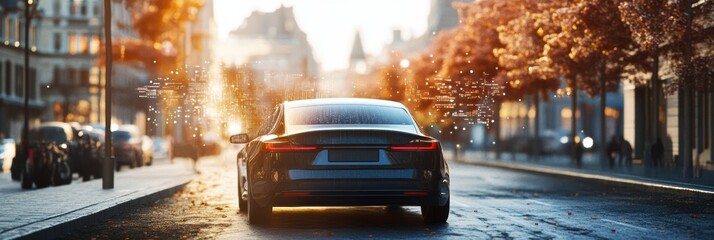 Leinwandbilder - A self-driving car operates autonomously in a vibrant urban environment, showcasing its advanced AI technology at sunset. Generative AI
