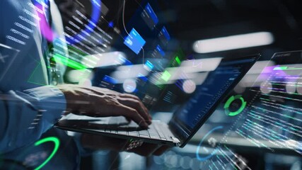 Poster - Businessman Interacts With Data Visualization on Laptop. Holographic Charts, Graphs, and Code Surround the Device, Advanced Technology and Data Analysis. Flow of Big Data, Growth and Productivity