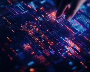 Wall Mural - close up of a hand interacting with a vibrant digital interface showcasing futuristic technology and