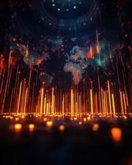 Wall Mural - an abstract image depicting a world map formed by a glowing network of digital data points and lines