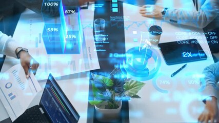 Leinwandbilder - Top View of a Business Meeting With Interactive Holographic Data Visualizations. Professionals Analyze Charts, Graphs, and Percentages Projected. AI Technology in Modern Corporate Revenue Growth