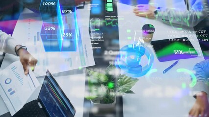 Aufkleber - Top Down View on Table: Executives and Businesspeople work with Data Projections During Meeting. Holographic Charts, Graphs, Percentages Overlay and Analyze Physical Documents, Innovative Business