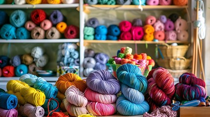 A beautiful collection of colorful yarn and knitting supplies neatly organized in a craft room