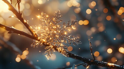 Wall Mural - Close up of a branch with a shimmering snowflake decoration and tiny golden lights, set against a blurred background