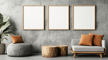 Sticker - Modern living room with three blank wooden frames on gray wall, plant, round pouf, small tables, and sofa with orange pillows.