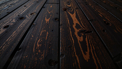 Wall Mural - Wooden floor with dark finish and distinctive grain patterns captured in low light setting