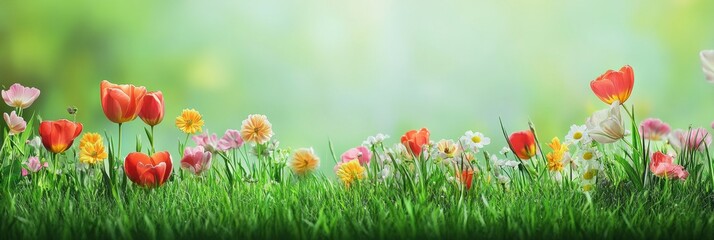 Poster - A vibrant display of colorful flowers stretches across a green meadow during spring, showcasing nature's beauty and tranquility. Generative AI