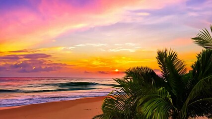 Wall Mural - Tropical Sunset Paradise: Palm trees frame a vibrant sunset over a tranquil ocean beach, creating a picturesque scene of serenity and escape.