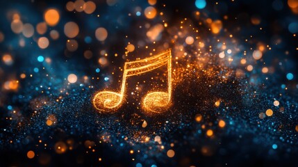 Wall Mural - Sparkling Golden Music Note, Abstract Bokeh Background, Festive Glitter