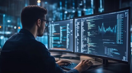 Programmer Working on Data Analysis Project at Night