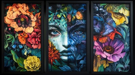 Wall Mural - A colorful triptych featuring floral designs and a woman's face.