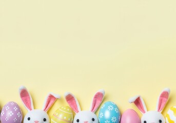 Wall Mural - Easter bunnies and colorful eggs arranged along the bottom edge of a pastel yellow backdrop, creating a cheerful and festive holiday scene