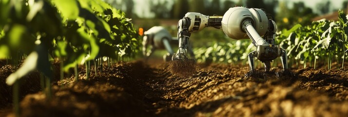 Aufkleber - Automated machines tend to crops in a farm field, efficiently planting and harvesting under bright sunlight. Generative AI