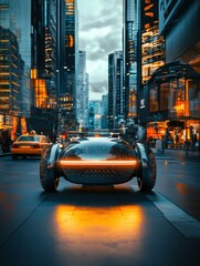 Leinwandbilder - A self-driving car travels through a vibrant urban environment, showcasing futuristic AI systems while illuminated by city lights. Generative AI