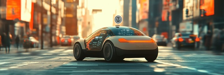 Leinwandbilder - A self-driving car operates seamlessly in an urban area, guided by sophisticated AI technology for safe navigation through traffic. Generative AI
