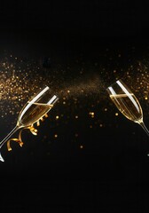 Two champagne glasses toasting on a black background with golden confetti, celebrating new year's eve or a special occasion