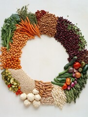 Poster - Colorful array of fresh vegetables, grains, and legumes displayed in a circular pattern, perfect for meal preparation or cooking inspiration. Generative AI