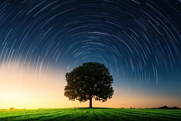 Wall Mural - A tree is in the middle of a field with a starry sky above it
