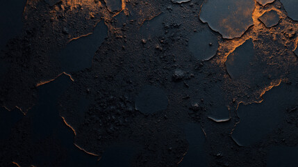 Wall Mural - Close-up view of dark, textured, cracked surface with orange highlights creating an abstract and rustic appearance, resembling corroded metal or burnt soil.