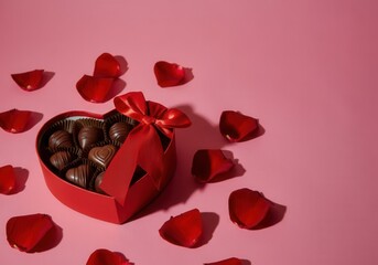 Wall Mural - Heart shaped box of chocolates with red ribbon and rose petals scattered on pink background for valentine's day