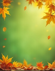 Wall Mural -  simple autumn scene with fallen colorful leaves on a green background serves as a horizontal abstract banner template for an autumn sale poster.