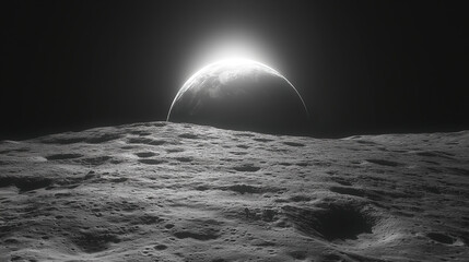 Wall Mural - view of earth's horizon from the lunar surface during a stunning sunrise over the moon's rugged terr