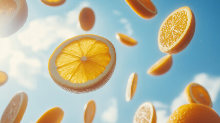 Wall Mural - A creative composition of floating orange slices and coins against a light blue sky. The dynamic movement conveys freshness and energy, ideal for advertising.