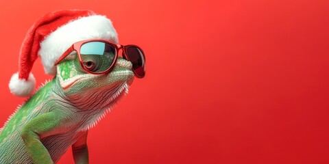 Wall Mural - merry christmas concept holiday vacation winter animal pet greeting card - cool santa claus chameleo