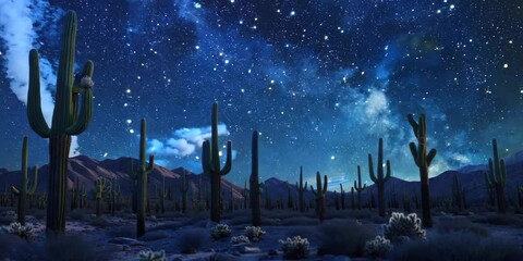 Wall Mural - saguaro cactus forest under a starry desert night sky, 4k video
